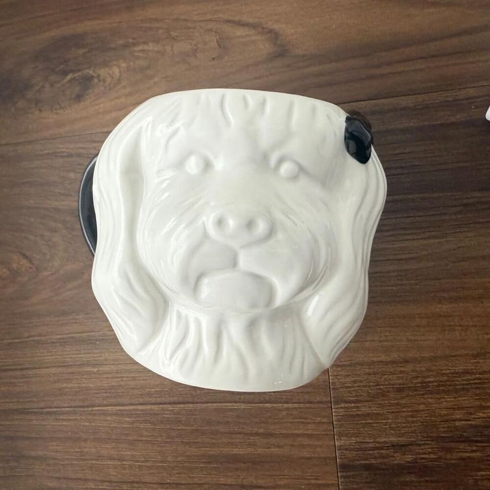 NEW White ceramic Dog Doonan mug with black handle and black bow - medium size